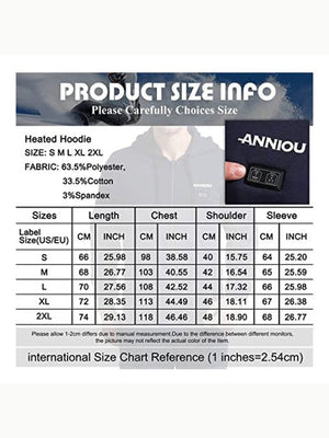 Product size information chart for a heated hoodie with ANNIOU branding.