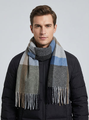 #MidBlue Men Plaid Tassel Check Pattern Neck Scarf