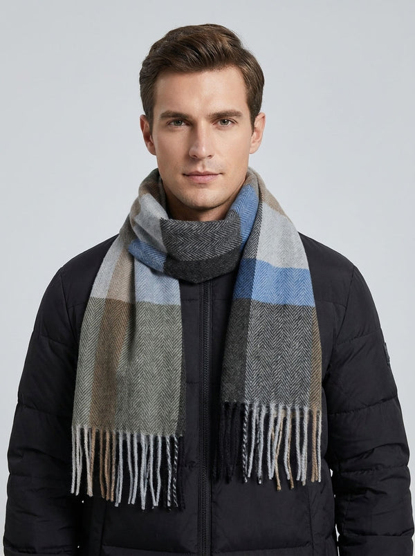 #MidBlue Men Plaid Tassel Check Pattern Neck Scarf