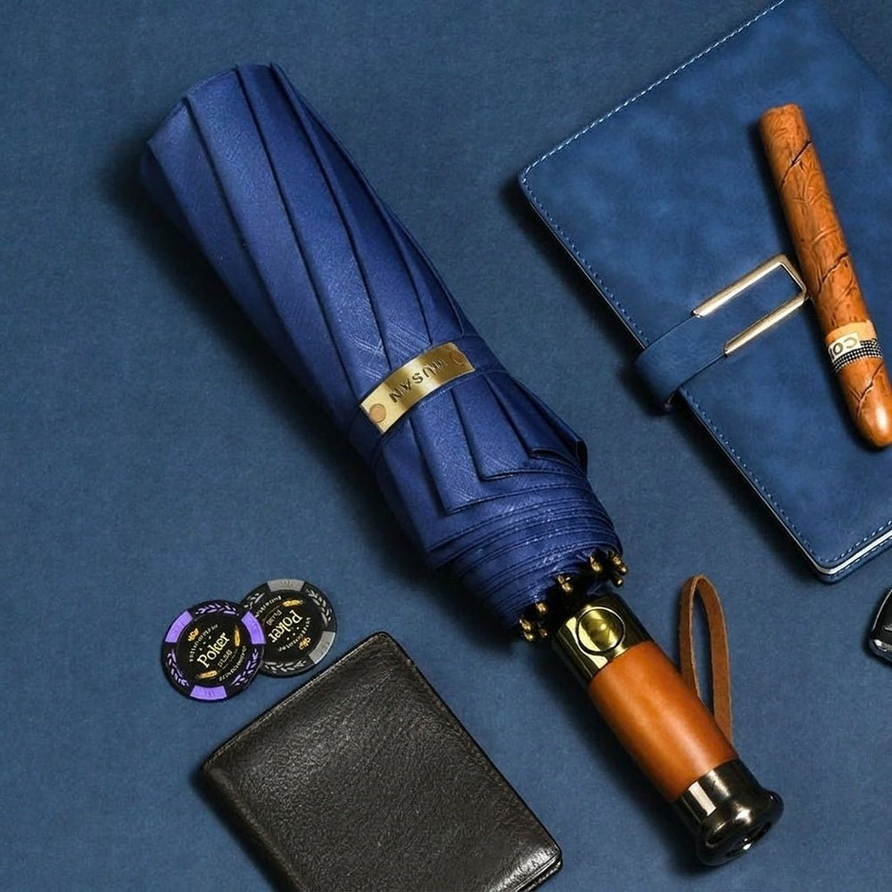 Navy Blue Wooden Handle Business Umbrella UPF50