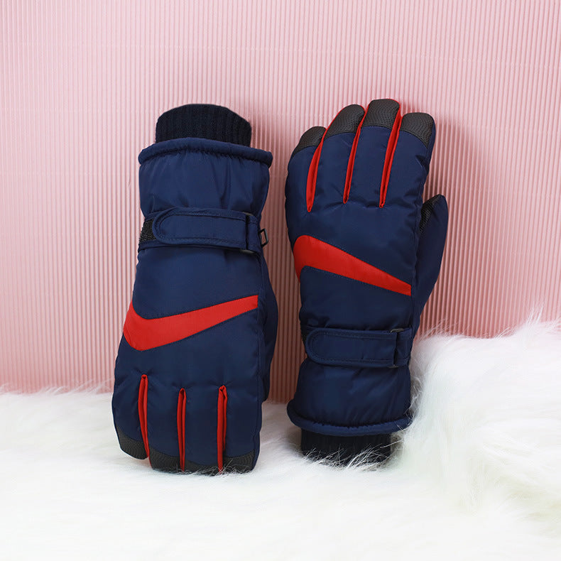 Navy Blue and red Stripe Waterproof Ski Gloves