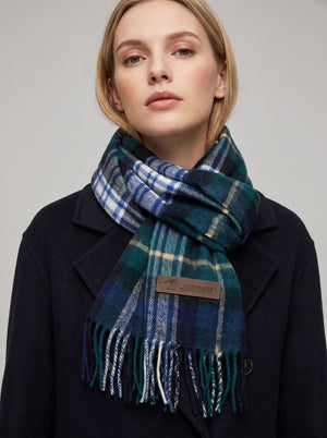 #NavyGreen Women Pure Wool Tassel Checkered Scarf
