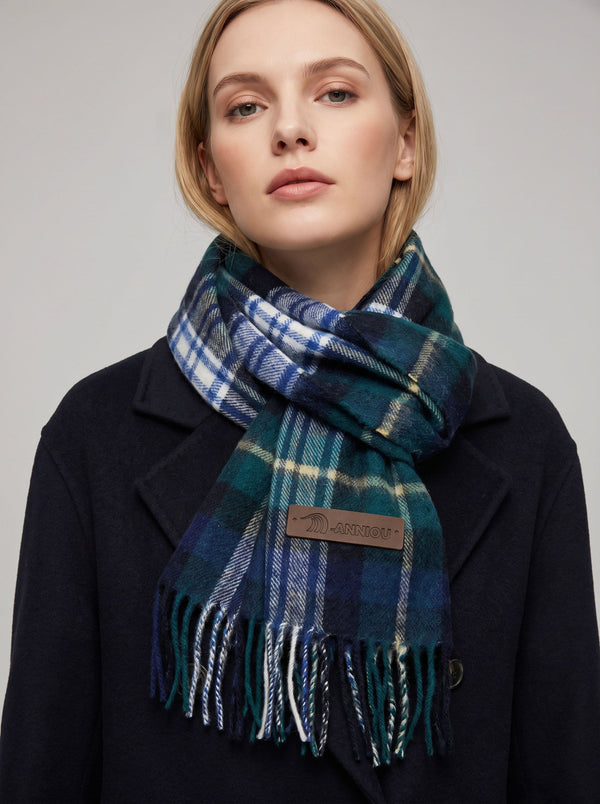 #NavyGreen Women Pure Wool Tassel Checkered Scarf