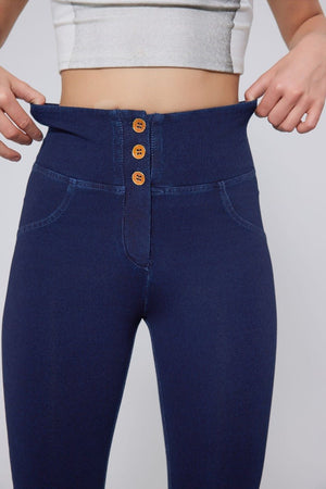 Women's #Navy High Waist Straight Flare Jeans buttons and stretch
