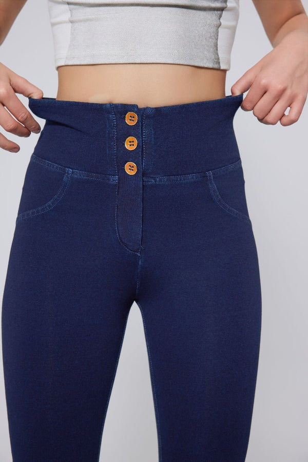 Women's #Navy High Waist Straight Flare Jeans buttons and stretch