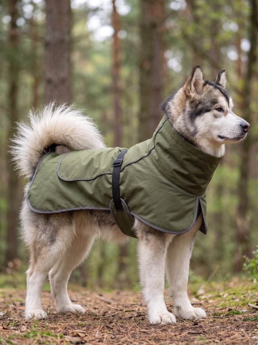 Alaskan Malamute wearing #olivegreen waterproof dog jacket with reflective piping, standing in woodland forest, side profile view