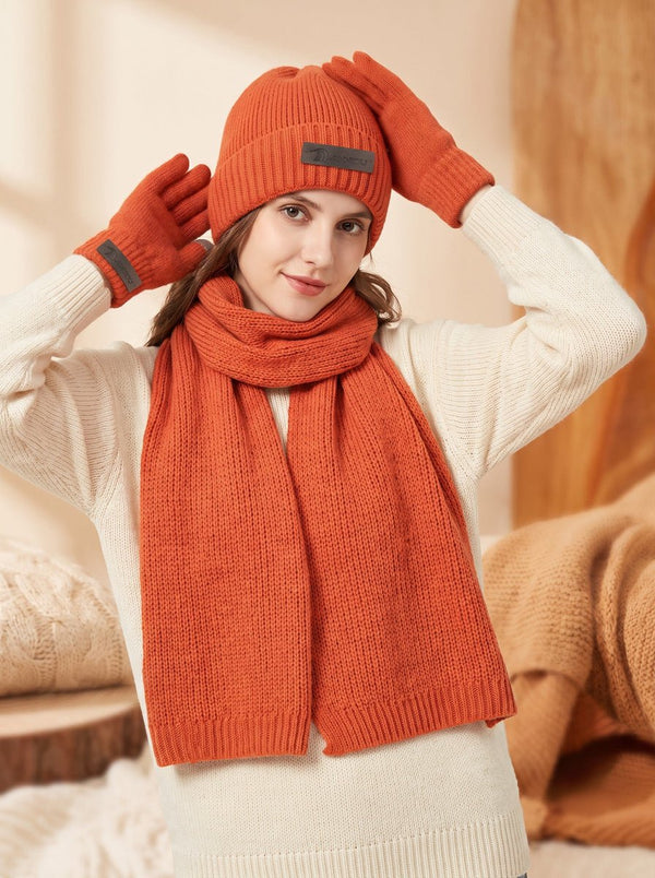 #Orange Knitted Beanie Hat Scarf Gloves Set