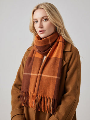 #Orange Women Checkered Tassel Scarf