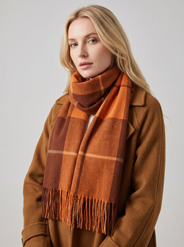 #Orange Women Checkered Tassel Scarf