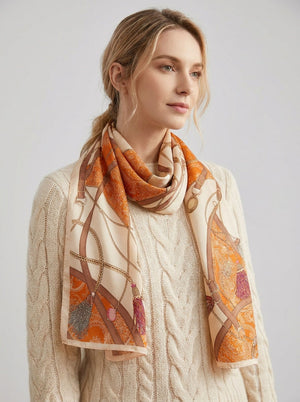 #Orange Women Silk Printed Satin Scarf