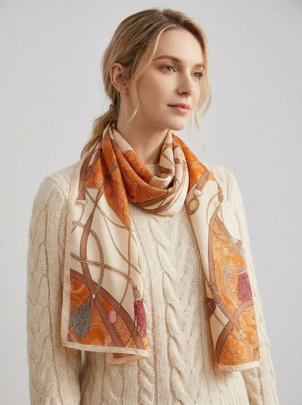 #Orange Women Silk Printed Satin Scarf