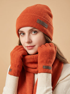 #Orange Knitted Beanie Hat Scarf Gloves Set