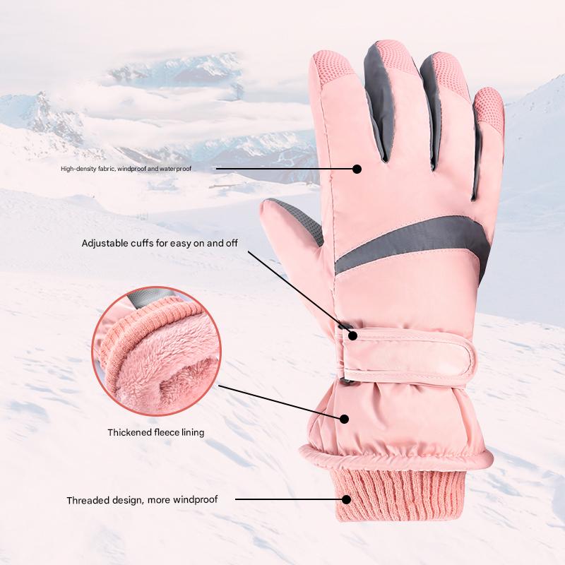 Pink winter gloves with features highlighted on a snowy background