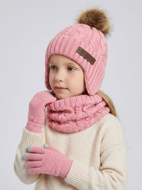#Pink Kids Ear Flap Plush Pom Knit Hat Scarf Gloves Set