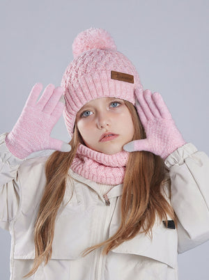 #Pink Kids Fleece Lined Pom Knit Hat Scarf Gloves Set