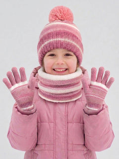 #Pink Kids Stripe Plush Pom Knit Hat Scarf Gloves Set