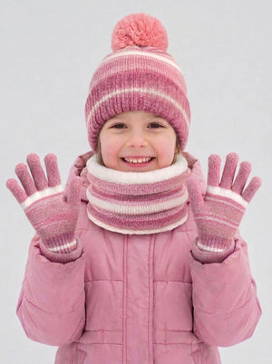 #Pink Kids Stripe Plush Pom Knit Hat Scarf Gloves Set