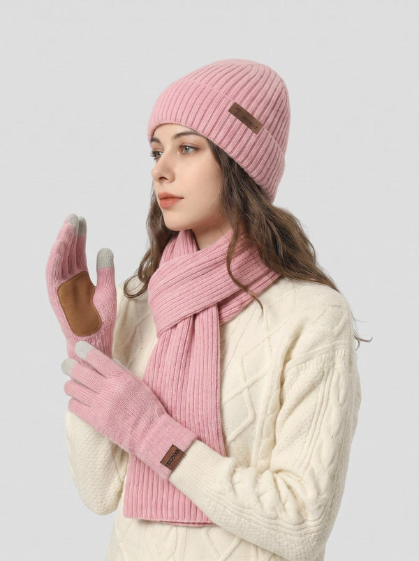 #Pink Knitted Beanie Hat Scarf Gloves Set