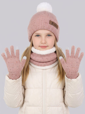 #Pink Pom Pom Fleece Knit Hat Scarf Gloves Set