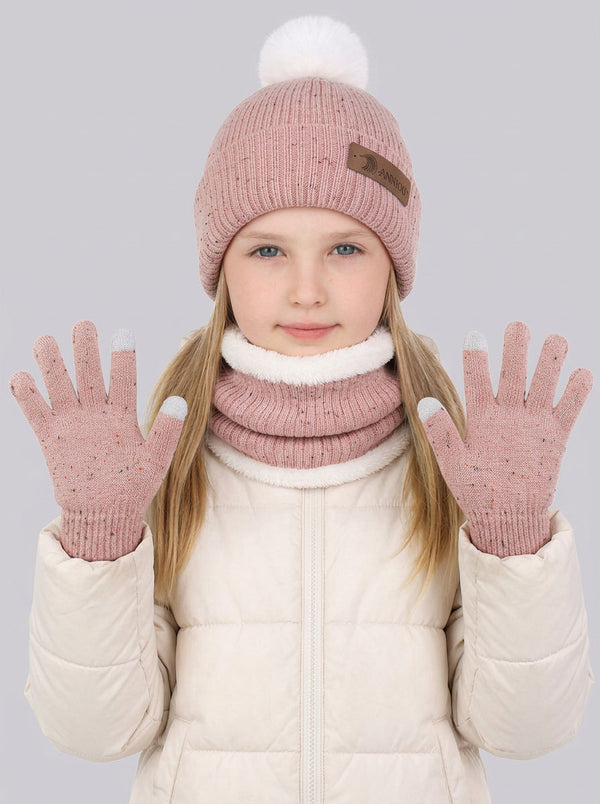 #Pink Pom Pom Fleece Knit Hat Scarf Gloves Set