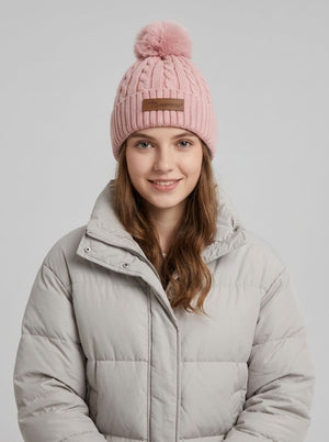 #Pink Women Cable Knitted Pom Beanie Hat