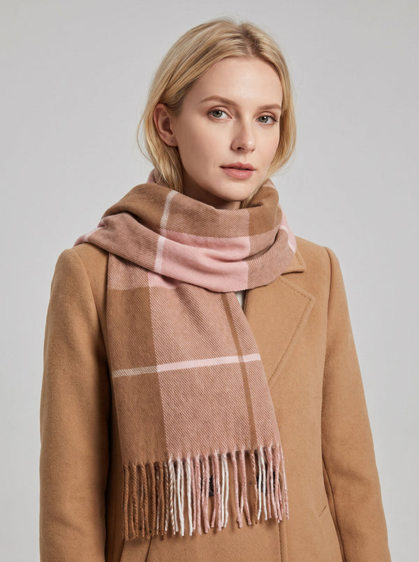 #Pink Women Checkered Tassel Scarf