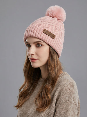 #Pink Women Grid Jacquard Pom Knit Beanie Hat