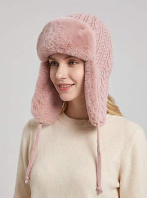 #Pink Women  Knit Faux Fur Ear Flap Trapper Hat