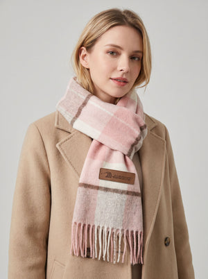 #Pink Women Pure Wool Tassel Checkered Scarf