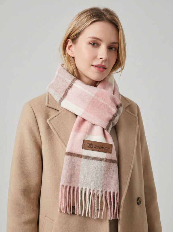 #Pink Women Pure Wool Tassel Checkered Scarf