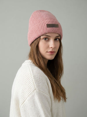#Pink Women Rib Knit Leather Patch Beanie Hat