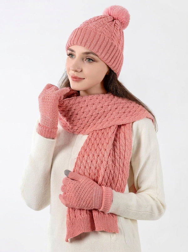 #Pink Women Twisted Cable Pattern Knit Hat Scarf Gloves Set