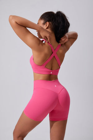 women's #Pink X-Back Strap Sports Bra and shorts by Anniou