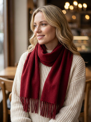 #BerryRed Pure Wool Solid Tassel Scarf