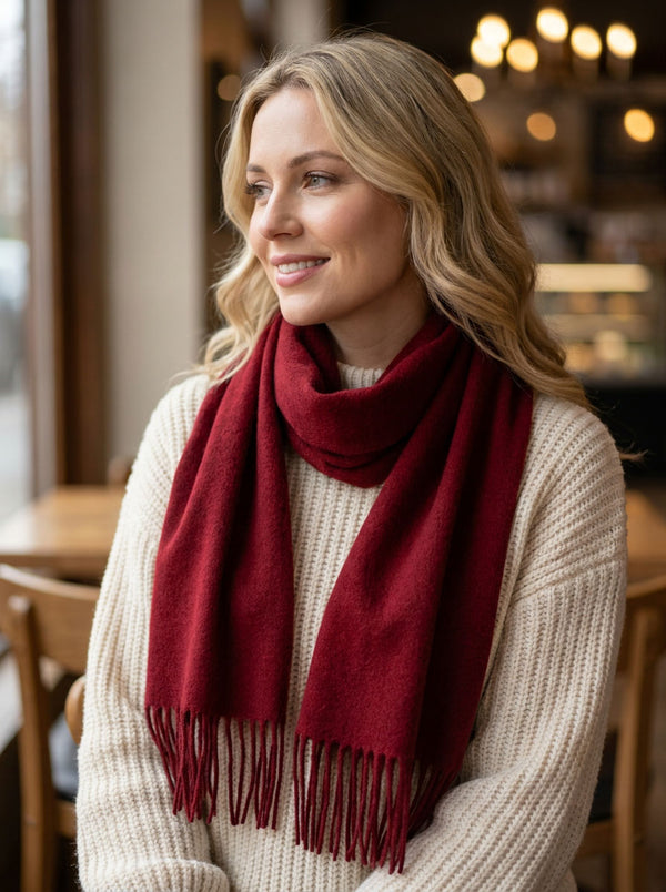 #BerryRed Pure Wool Solid Tassel Scarf