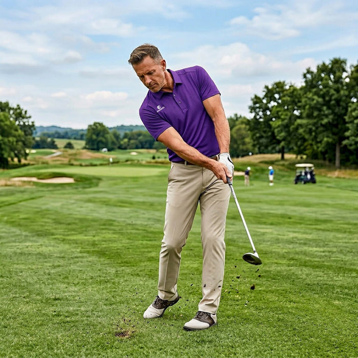 A man wearing a purple ANNIOU golf polo showed off his skills on the course