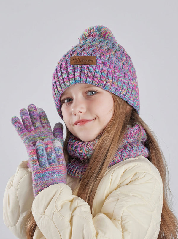 #Purple Kids Fleece Lined Pom Knit Hat Scarf Gloves Set