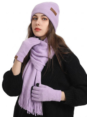 #Purple Women Soft Knitted Hat Scarf Glove Set