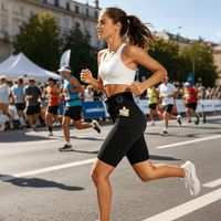 A woman wearing black racing compression shorts participates in a marathon