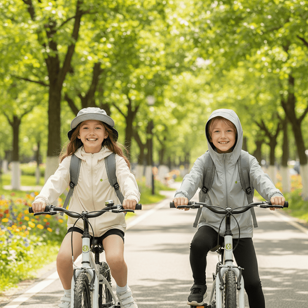 Children wearing sun-protective clothing easily ride bicycles in the park