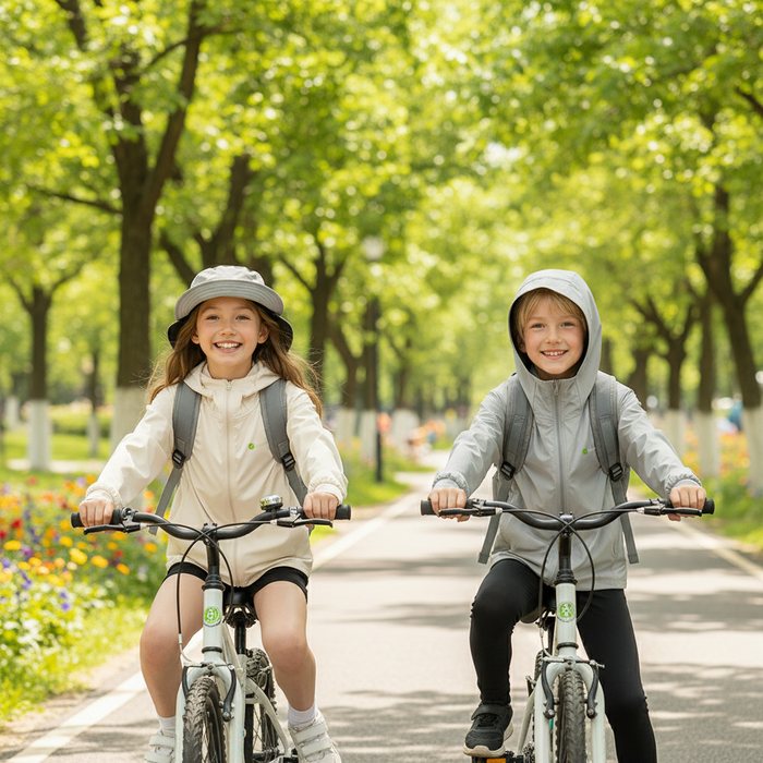 Children wearing sun-protective clothing easily ride bicycles in the park