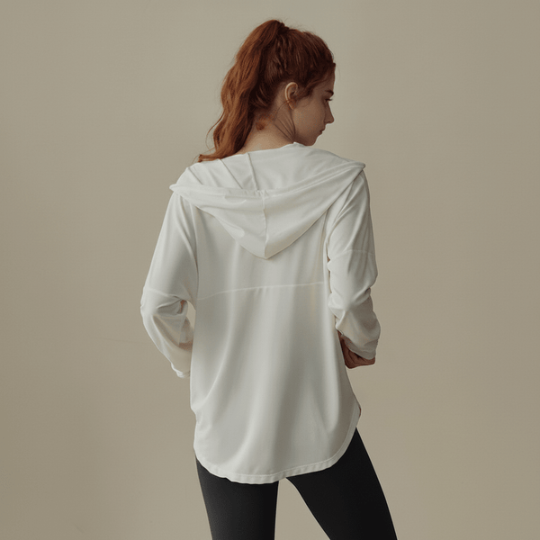 Rear of Hooded Zip Up #white Fitness Top  UPF 50+