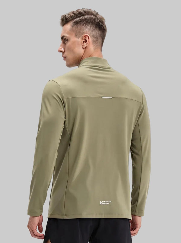Rear of Men's #armygreen Long Sleeve Quarter Zip Sweatshirt