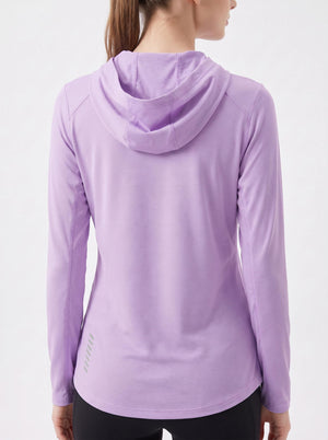Rear of #Purple Women's UV Hooded Shirt