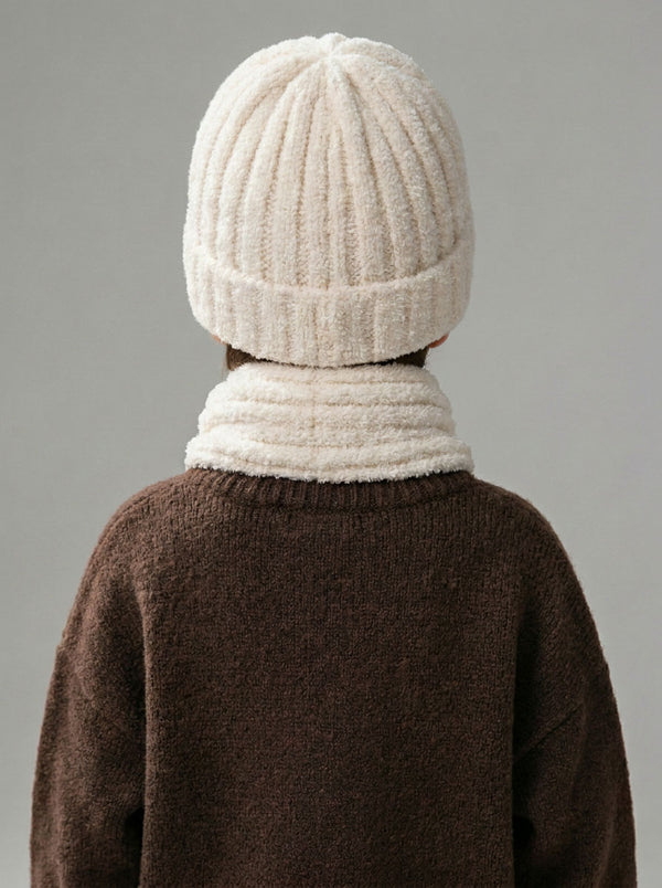 #White Kid Fuzzy Plush Knitted Hat Scarf Winter Set