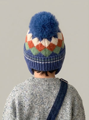 #Blue Kids Argyle Knit Earflap Beanie Hat