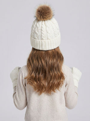 #White Kids Ear Flap Plush Pom Knit Hat Scarf Gloves Set