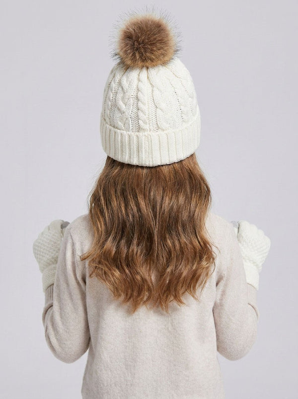 #White Kids Ear Flap Plush Pom Knit Hat Scarf Gloves Set