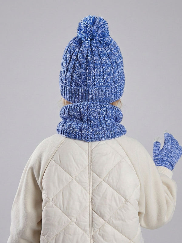 #Blue Kids Fleece Lined Pom Knit Hat Scarf Gloves Set