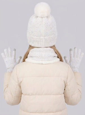 #White Kids Pom Pom Fleece Knit Hat Scarf Gloves Set